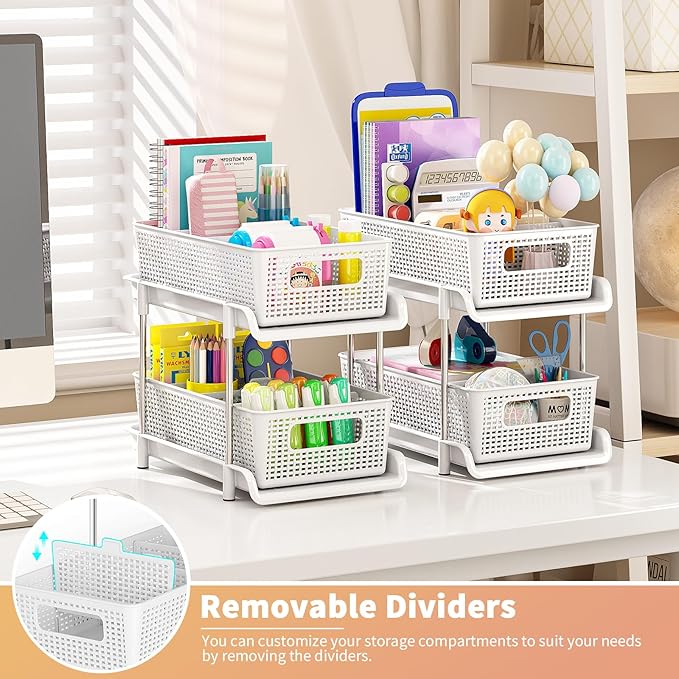 Bathroom Organizer with Dividers, 2Pcs 2 Tier Stackable Under Sink Organizers and Storage Cabinet Organizers for Bathroom Kitchen Pantry Organization and Storage, Medicine Cabinet Organizer
