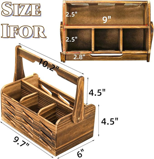 Silverware Caddy with Handle, Wooden Flatware Utensil Holder for Party, 4 Compartment Cutlery Organizer Napkin Storage for Countertop, Kitchen Bathroom Bedroom Decor, Camping Picnic