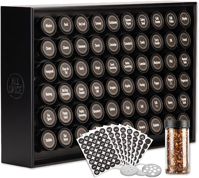 AllSpice Wood Spice Rack Organizer, 525 Unique Labels, Countertop or Wall Mount, Includes 60 4oz Jars- Matte Black