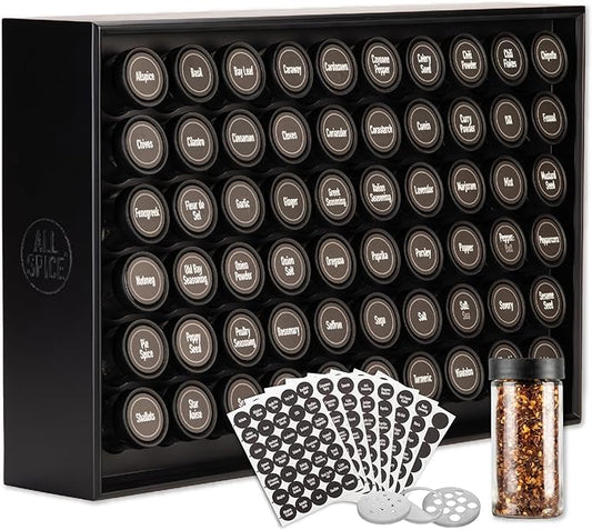 AllSpice Wood Spice Rack Organizer, 525 Unique Labels, Countertop or Wall Mount, Includes 60 4oz Jars- Matte Black