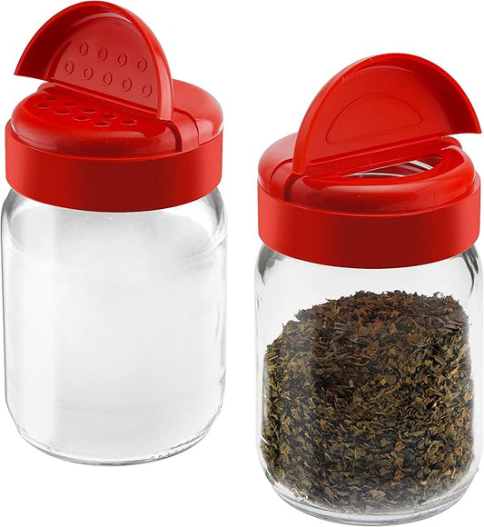 Spice Shaker Jar For Salt And Pepper/Parmesan Cheese/Seasoning Shaker, With Dual Flap Lid Perforated And Pouring Top - 6 Oz Glass Seasoning Shaker - Set of 2- Red