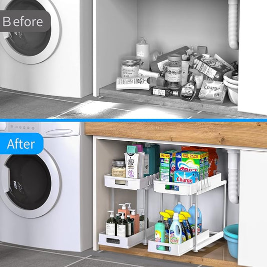 Under Sink Organizers and Storage, 2 Pack Large Capacity Heavy Load Double Pull-out Under Sink Shelves with Sliding Drawer for Kitchen and Bathroom, White