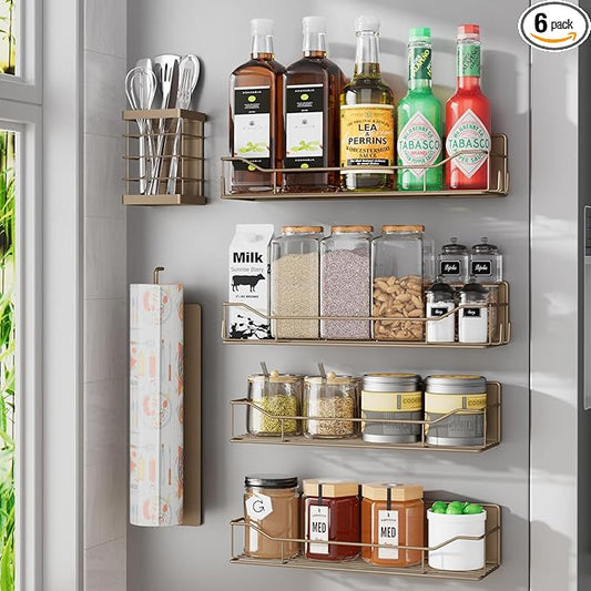 Magnetic Spice Rack for Refrigerator, 6 Pack Strong Magnet Spice Organizer with Paper Towel Holder, Utensil Holder, Moveable Magnetic Fridge Shelf for Kitchen Organization and Storage (Brown)