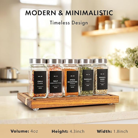 Glass Spice Jars with Label and Stainless Steel Lids (24 x 4oz) Spice Containers with 240 Labels, Shaker Inserts, Steel Funnel, Empty Square Empty Square Seasoning Organizer (Silver)