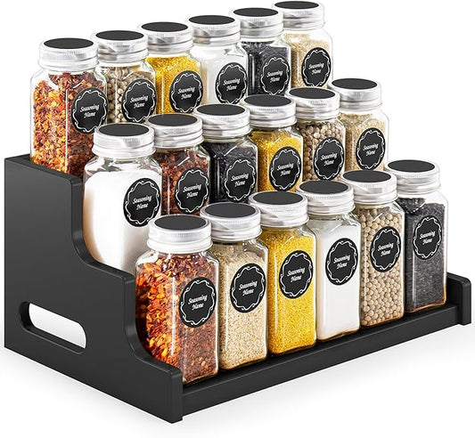 Bamboo Spice Rack Organizer for Cabinet, 3 Tier Wood Spice Shelf Organizer with 18 Spice Jars with Label Pack Included for Spice organization for cabinet Kitchen Countertop (Black)