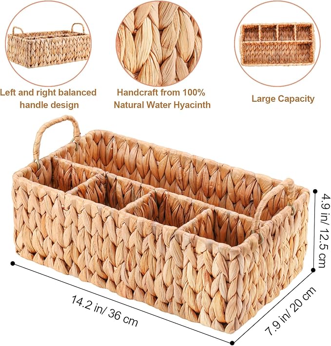 Wicker Party Silverware Caddy, Water Hyacinth Plastic Cutlery Utensil Holder, Hand Woven with Handles, Kitchen Countertop and Picnic flatware Organizer (5 compartments)