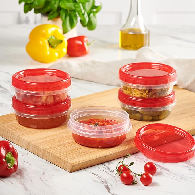 PLASTICPRO 12 Pack Twist Cap Food Storage Containers with Red Screw on Lid- 8 oz Reusable Meal Prep Containers - Freezer and Microwave Safe Red Plastic Food Storage