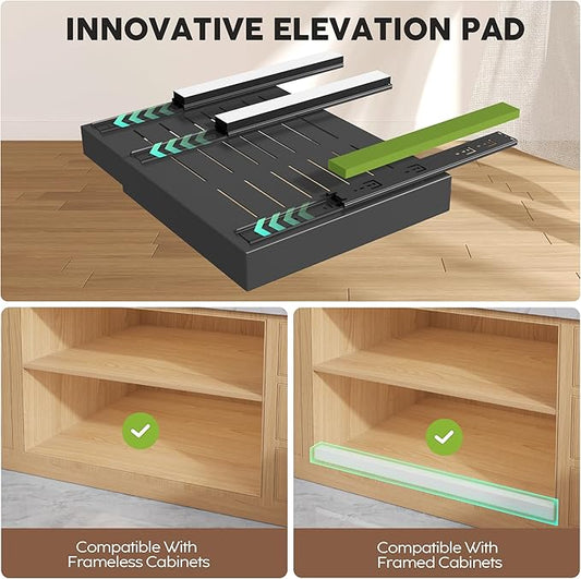 4Pack Expandable Pull Out Cabinet Organizer 21"Deep With Raising Pad for Framed Cabinets,Slide Out Drawers with 4pcs Divider Racks,Roll Out Shelves Adhesive,Adjustable Width 12.05"-20.4"Black