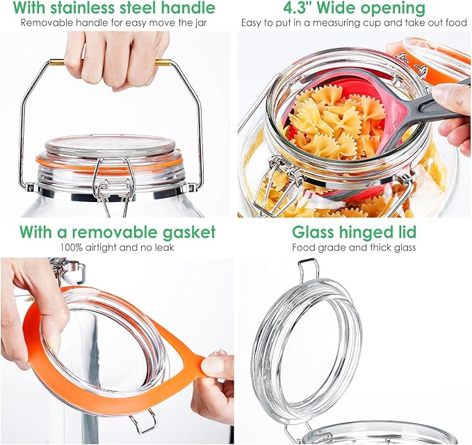 2 Gallon Glass Jar with Airtight Lid(7600ML), Gallon Airtight Glass Storage Jar with Stainless Steel Handle - Large Glass Food Storage Containers with Lids Flour, Sugar, and Dog Treats
