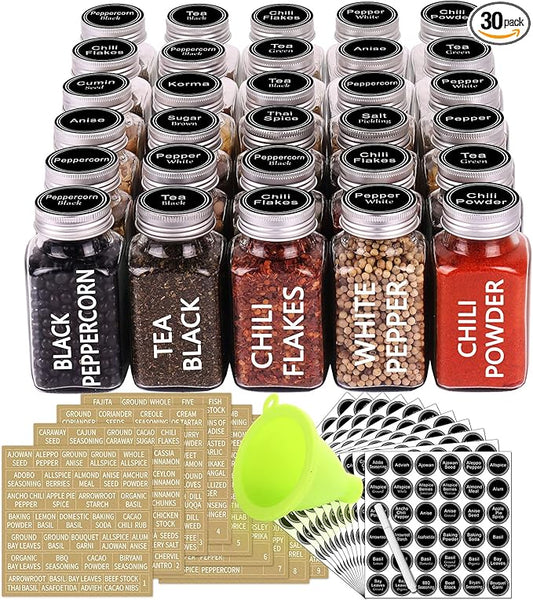 SWOMMOLY 30 Glass Spice Jars 6 oz Empty Square Spice Bottles with 703 Spice Labels, Chalk Marker and Funnel Complete Set. 30 Spice Containers with Airtight Cap, Pour/sift Shaker Lid