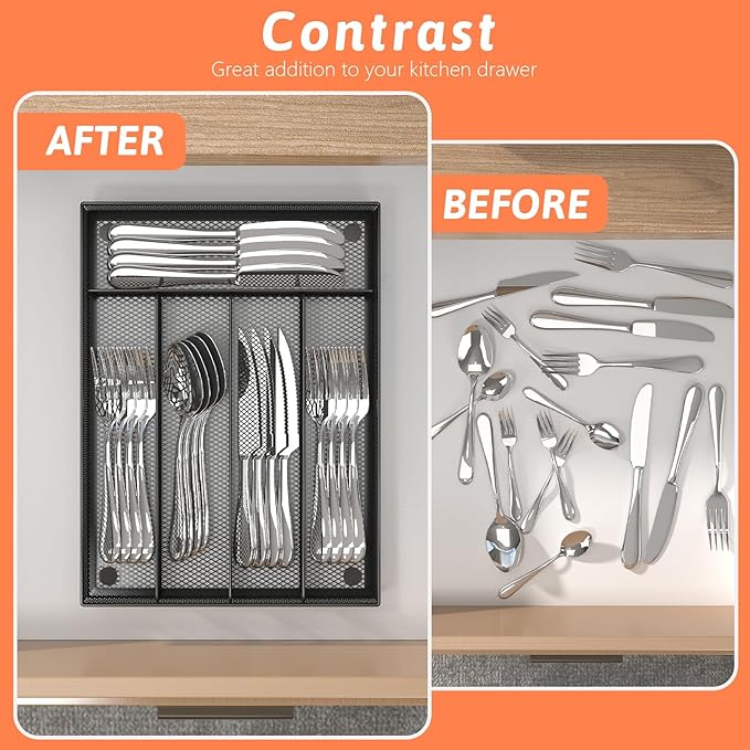 Kitchen Drawer Organizer Flatware Organizer，Drawer Dividers with 5 Compartment，Silverware Organizer Metal Mesh Cutlery Tray Mesh Organizer (9.3" x 12.6 ")