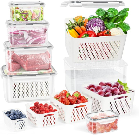 12 Pieces Fruit Storage Containers For Fridge, BPA-Free Fresh Food Containers with Removable Colanders and Airtight Lids, Keep Fresh for Fruit Berry Produce Vegetable, Dishwasher & Microwave Safe