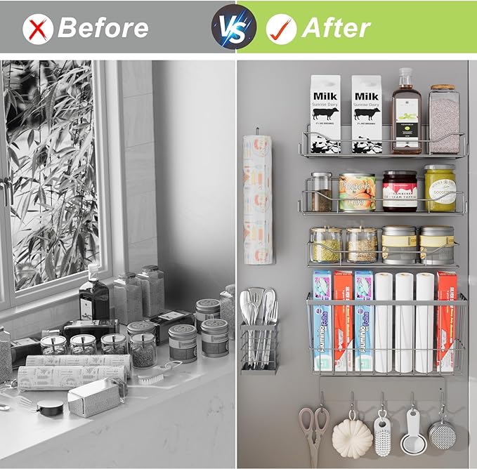 Magnetic Spice Rack for Refrigerator, 7 Pack Magnetic Fridge Shelf for Kitchen Organization Storage, Moveable Spice Organizer W/Paper Towel Holder, Utensil Caddy, Cutting Board Rack (Grey)