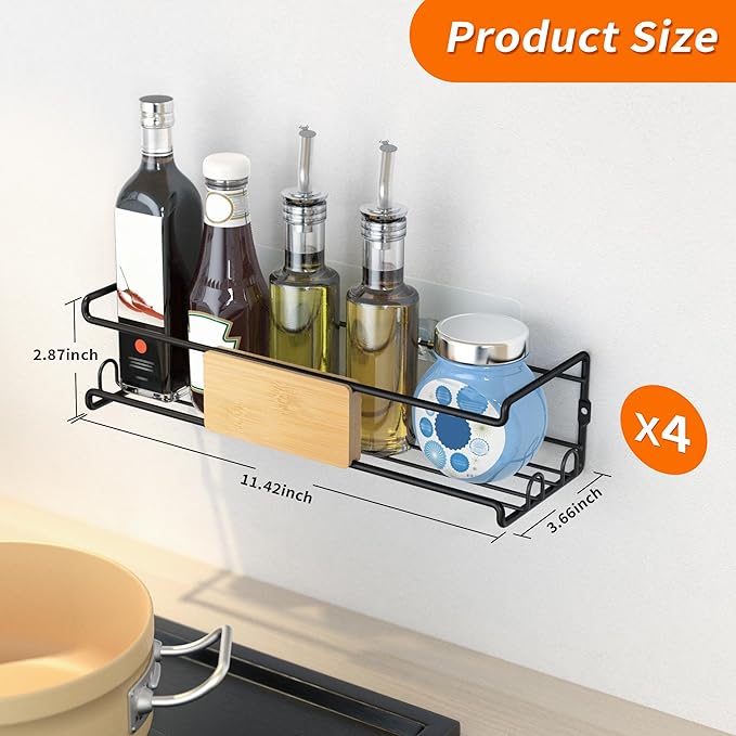 4-Pack Wall Spice Rack - Matte Black Spice Organization for Cabinet with Bamboo Plank - 2 Mounting Options Floating Shelves for Kitchen, Bathroom, Laundry Room, Pantry Organizers and Storage