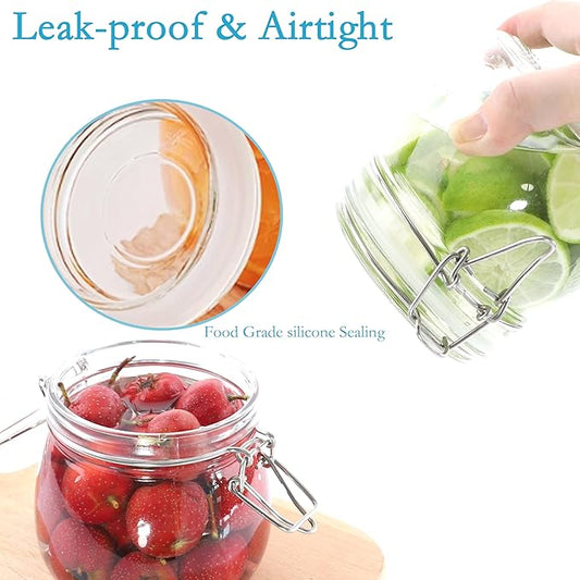 Glass Jars With Airtight Lids 16 OZ 6 Set Wide Mouth Food Storage Canisters Leakproof Sealed Jar Containers With Clamp Lids For Coffee,Sugar, Spices,Snacks, Pickles,Cereal,Tea Bags,Candy,Cookies