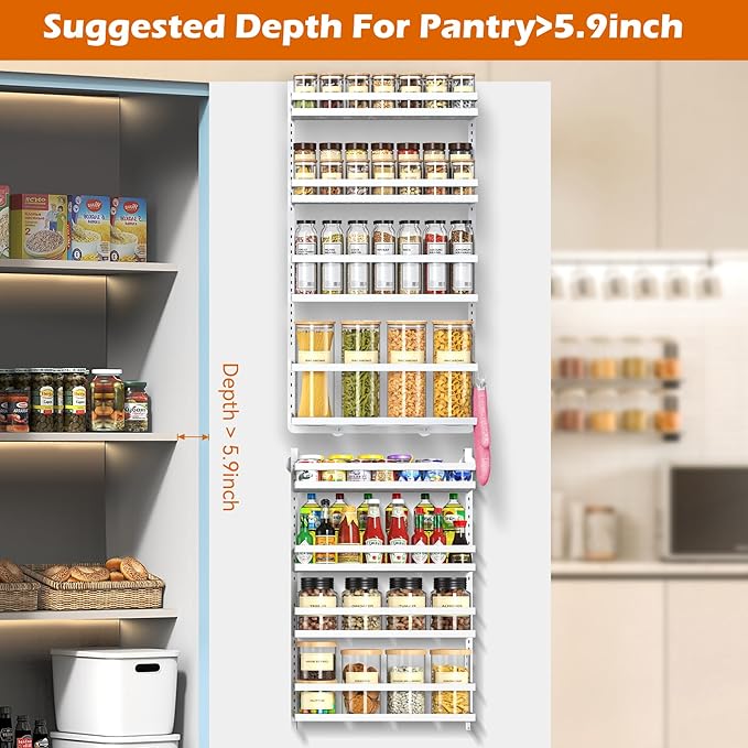 8-Tier-Over-the-Door-Pantry-Organizer W/ Adjustable Basket&Fence,Large Wall Mount Spice Rack Organizer, Hanging Spice Seasoning Shelf Organization For Kitchen Cabinet Door, Bathroom Door Storage