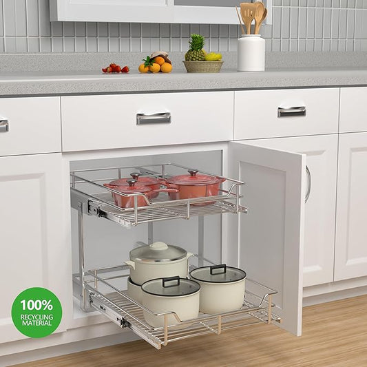 2-Tier Pull Out Cabinet Organizer (17.5"W x 22"D), Pull Out Shelves and Drawer for Kitchen Pantry Storage Basket, Heavy-Duty Metal Sliding Shelf, Chrome Finish
