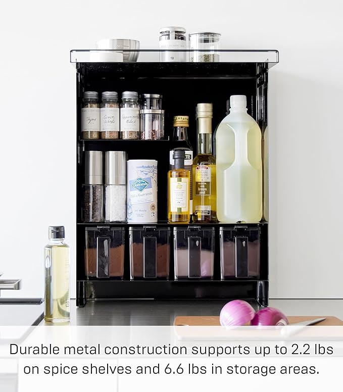 Yamazaki Home Seasoning Condiments Spice Rack with Door, Large Kitchen Multi-Tier Metal Shelves | Steel, One Size, Black