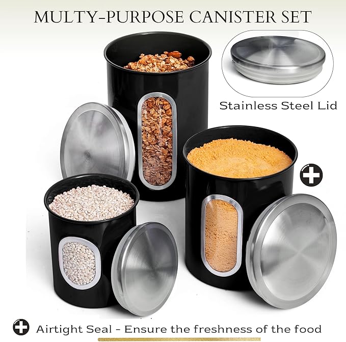 Mixpresso 3 Piece Black Canisters Sets For The Kitchen, Kitchen Jars With See Window, Airtight Coffee Container Tea Organizer & Sugar Canister, Kitchen Canisters Set of 3 Black Kitchen Décor