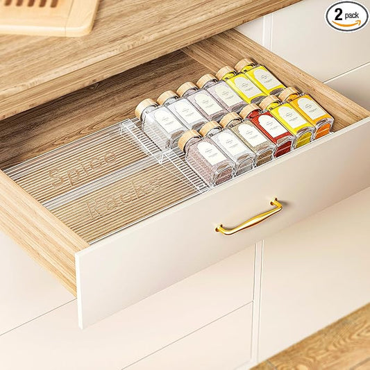 Expandable Spice Drawer Organizer 2-Pack, Adjustable Clear Acrylic Spice Rack for Drawer, Ideal for Kitchen Spice Organization, Seasoning Organizer Holds Up to 24 Jars(Jars Not Included)