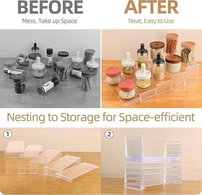 10 Pack Acrylic Spice Rack Organizer for Cabinet(10.8"~12.4"L), 5 Size Seasoning Organization with Non-Slide Silicone Pads, Clear Shelf Riser Storage Can & Cup for Kitchen Countertop, Cupboard, Pantry