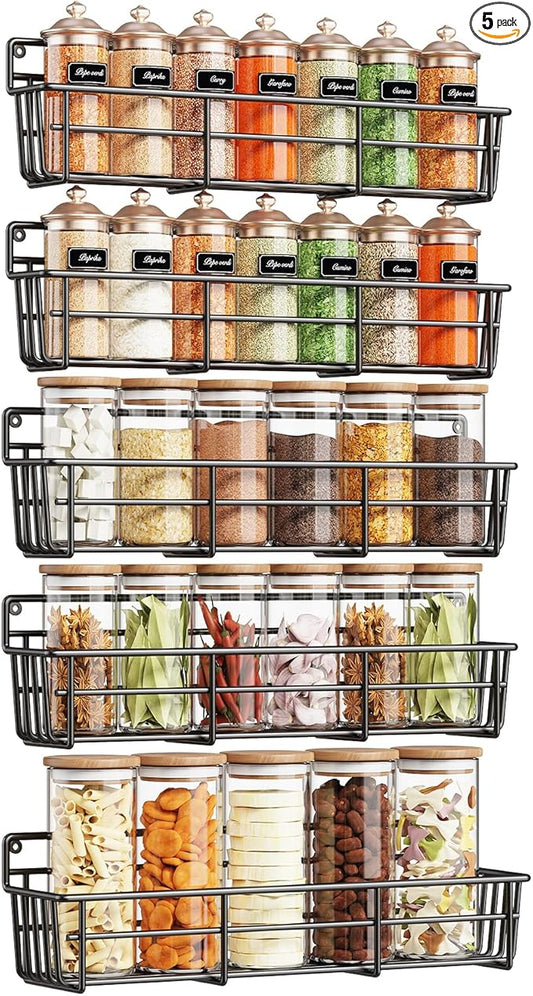 5 Pack Spice Rack Seasoning Organizer Wall Mount, Screw or Adhesive Hanging Shelf Basket Spice Organizer Shelf for Kitchen, Black