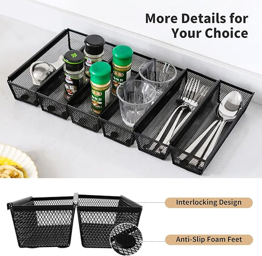 Faridabio Mesh Drawer Organizer,Silverware Organizer for Kitchen Utensil Cutlery Tray with Interlocking Steel Mesh Metal Flatware Organizer Storage Silver (6 pcs)