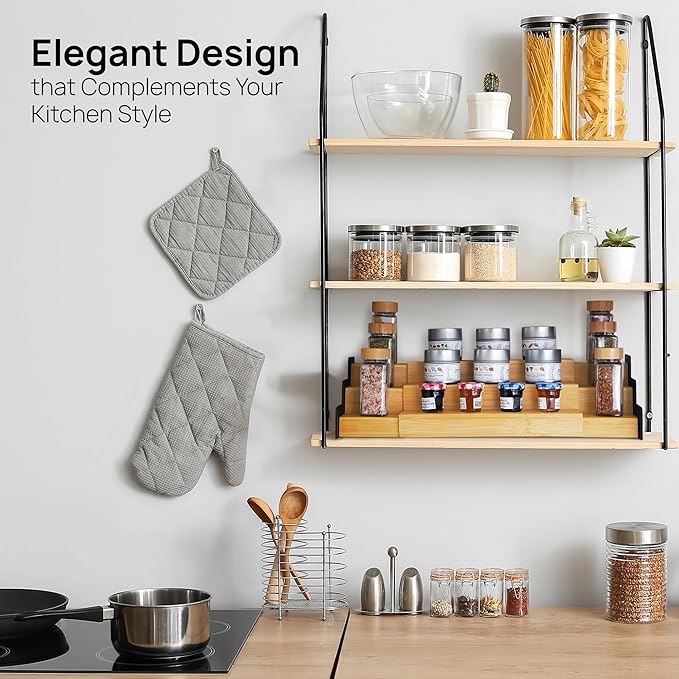 Ibyx Premium 3-Tier Spice Rack Organizer for Cabinet - Expandable Bamboo Spice Storage - Non-Skid Countertop Step Spice Shelf - Great for Kitchen Cabinet, Countertop, Cupboard, Pantry (Natural)