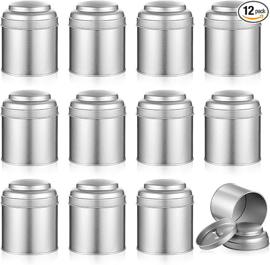 12Pcs Tea Canister Set with Airtight Double Lids, 8 Oz Silver Tea Tin Holder Organizer, Stainless Steel Round Tea-Canisters for Loose-Tea Storage, Coffee, Sugar, Spices