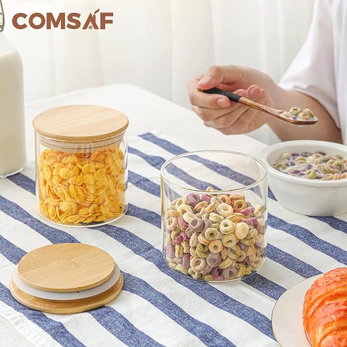 ComSaf Airtight Glass Food Storage Jars Set of 6, 20oz Clear Glass Food Storage Container with Sealing Wooden Lid, Stackable Spice Jar, Round Kitchen Canister for Sugar, Tea, Coffee bean, Pasta, Oat