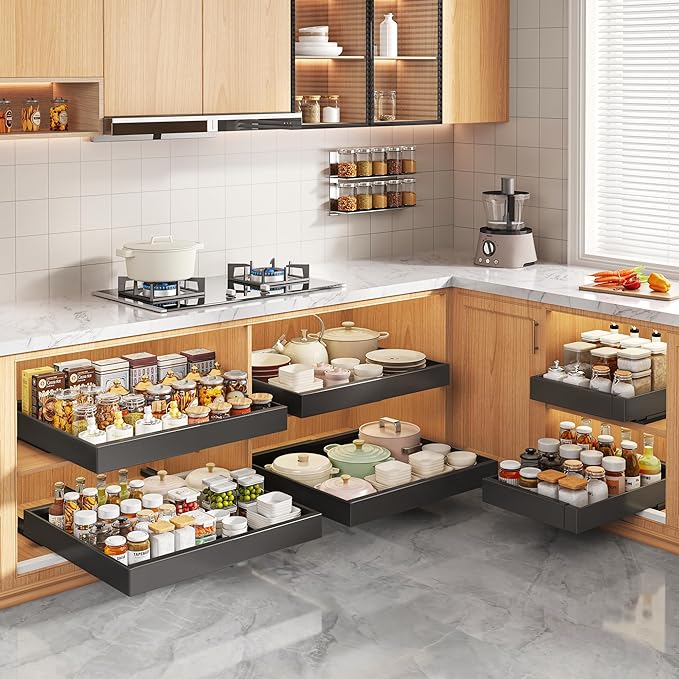2 Pack Pull Out Cabinet Organizers 21"Deep with Raising Pad for Framed Cabinets,Expandable Slide Out Drawers Upgrade 3 Slide Rails,Roll Out Shelves Adhesive,Adjustable Width 12"-20.45" Black