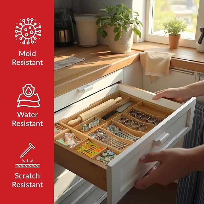 Luxury Bamboo Kitchen Drawer Organizer - Silverware Organizer - Utensil Holder, Spice Rack and Cutlery Tray with Grooved Drawer Dividers for Flatware and Kitchen Utensils (16 Slots)