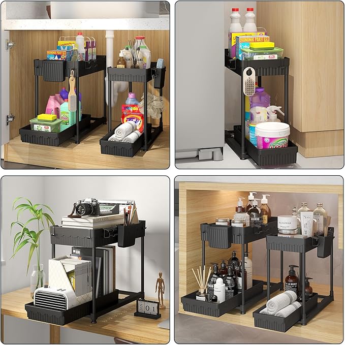 2-Pack Under Sink Organizer, 2-Tier Pulled Out Multi-Use Kitchen Bathroom Organizers and Storage，Bathroom Cabinet Organizer with Cup and Multi-Type Hooks (Black)