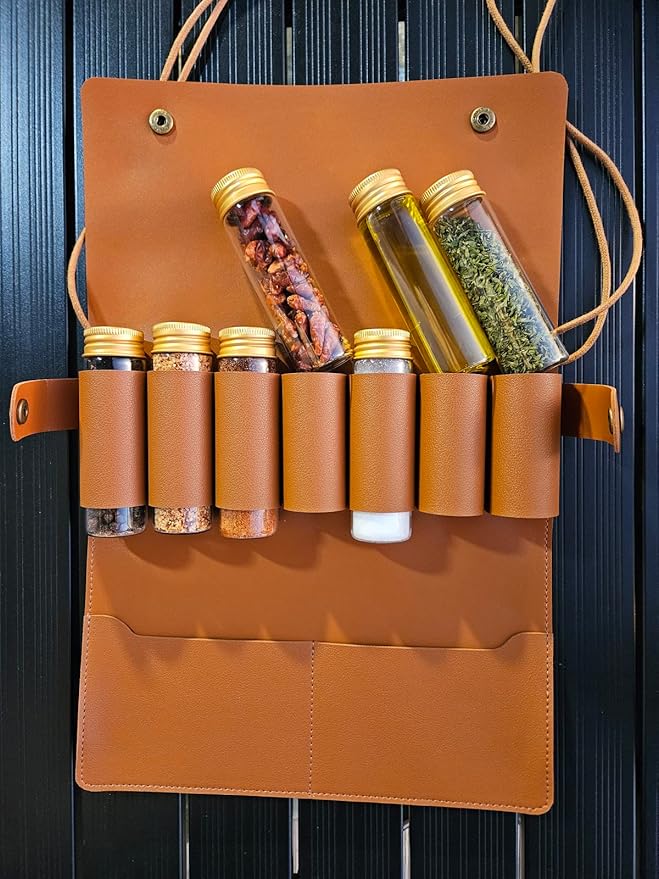 Camping Spice kit with 7 spice Jar, rope, Spice Labels Sticker, 4 Silicone Gasket, Travel Seasoning container, portable spice bag for travel (Waterproof)