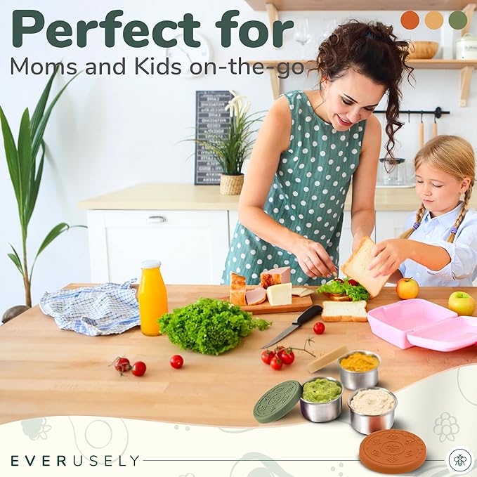 Everusely Condiment Cups - 3 Pack, 1.7 oz, Muted, Stainless Steel - Condiment Containers with Lids - Reusable Salad Dressing Container To Go - Sauce & Dip Cup for Lunchbox, Meal Prep