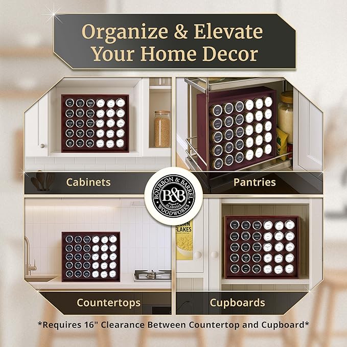 BOURBON & BARREL Wooden Spice Rack Organizer with Glass Jars | Stainless Steel Lids | Bamboo Countertop Spice Organization | 350 Waterproof Spice Labels | 2 Chalk Markers | 30 4oz Jars [Cherry]