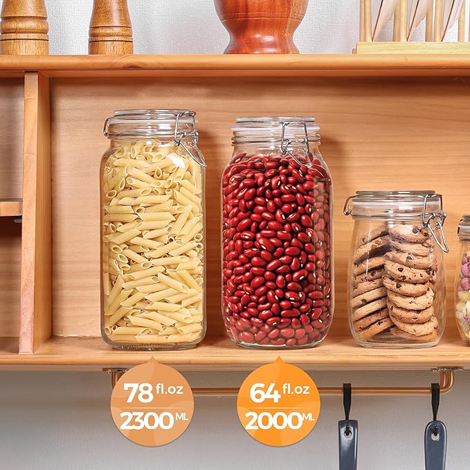ComSaf Large Glass Jars with Lid 64 oz, Large Mason Jars Set of 3, Glass Canisters with Airtight Lids, Half Gallon Canning Jars with Seal Wire Clip Fastening for Kitchen, Pickle, Flour, Sugar, Cereal
