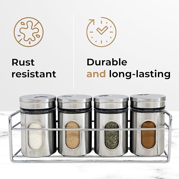 4 Pcs Stainless Steel Spice Seasoning Container Jars with Storage Rack, Perfect for Storing Spices, Salt, Pepper, Sugar and Dry Ingredients (Silver)