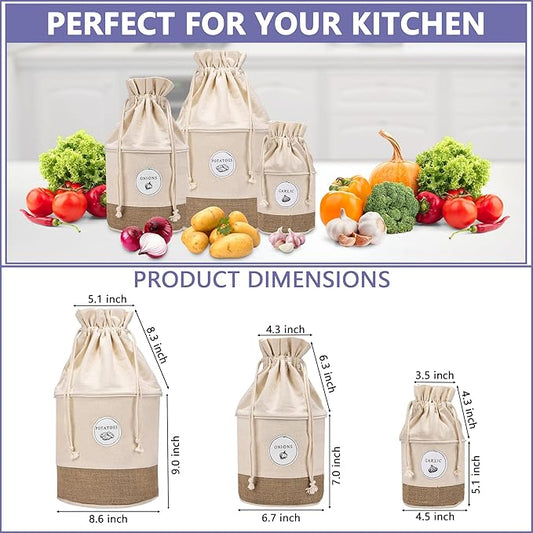 Meraki Home Potato Onion Garlic Storage Containers - Farmhouse Kitchen Storage Organization Pots - Sustainable Jute Cotton Vegetable Baskets Bins - Drawstring Holder