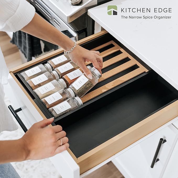 Spice Drawer Organizer with Expandable Storage. Holds up to 15 Spice Jars (Not Included), Non-Slip Feet, Kitchen Accessory Storage, 100% Sustainable Bamboo Wood, Food-Safe Black Finish
