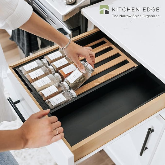 Spice Drawer Organizer with Expandable Storage. Holds up to 15 Spice Jars (Not Included), Non-Slip Feet, Kitchen Accessory Storage, 100% Sustainable Bamboo Wood, Food-Safe Black Finish