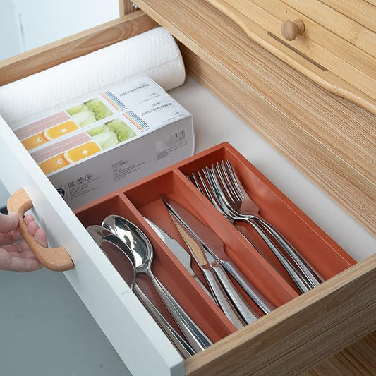Silverware Organizer Bamboo Kitchen Drawer Organizer, Flatware Organizer Tray for Kitchen, Flatware, Utensils（Orange）