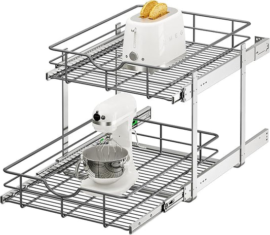 ALINE FURNITURE 2-Tier Pull Out Cabinet Organizer - 17" W x 22" D Soft Close Pullout Shelves for Kitchen Cabinets - Slide Out Drawers, Heavy Duty Steel Wire