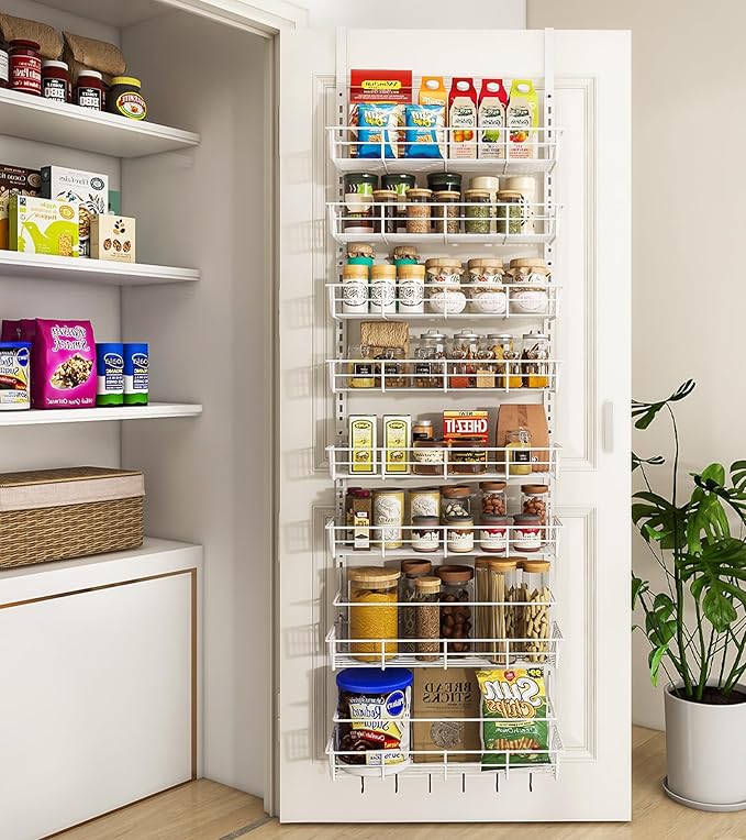 Over The Door Pantry Organizer, Wall Mount Spice Rack, Pantry Hanging Storage and Organization, 8 Adjustable Baskets Heavy-Duty Metal for Home & Kitchen, Back of Door Seasoning Rack - White
