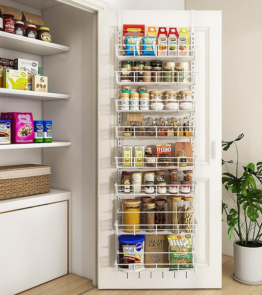 Over The Door Pantry Organizer, Wall Mount Spice Rack, Pantry Hanging Storage and Organization, 8 Adjustable Baskets Heavy-Duty Metal for Home & Kitchen, Back of Door Seasoning Rack - White