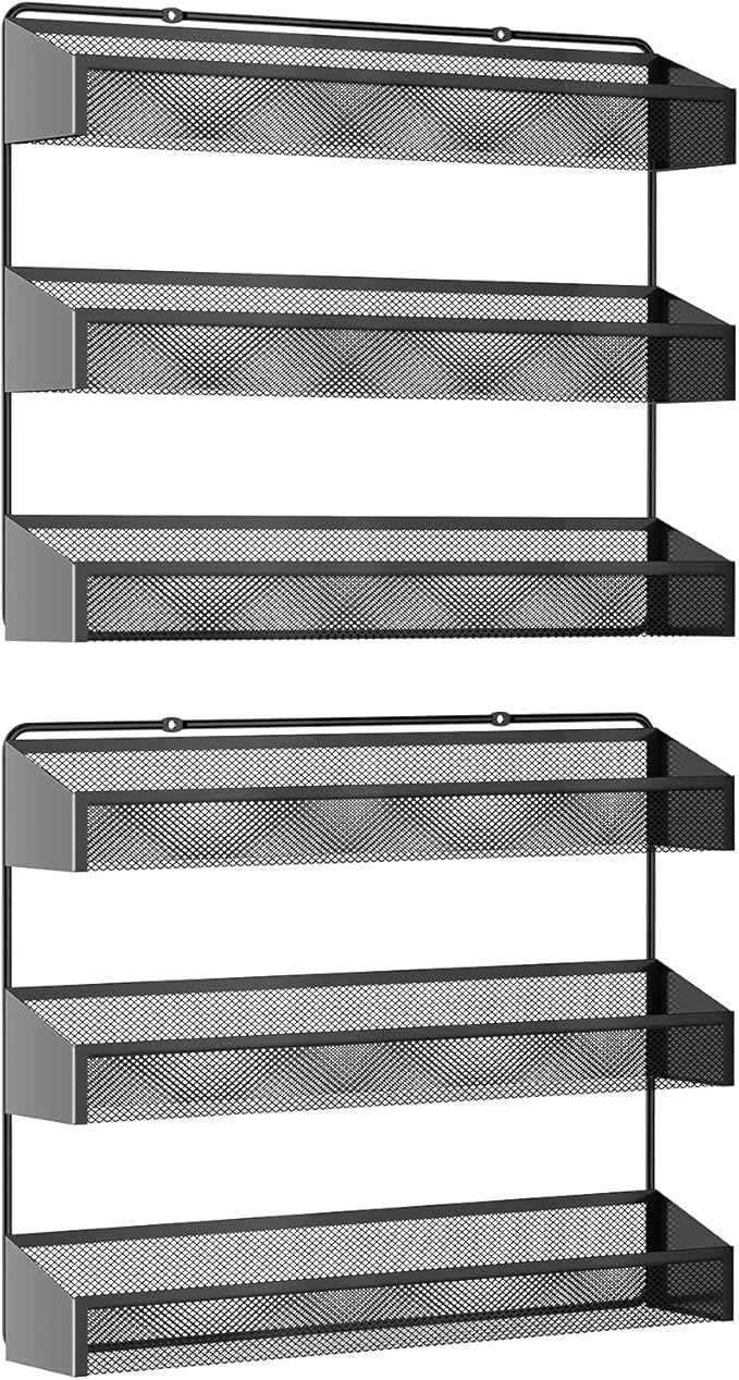 AULEDIO 2 Pack Spice Rack Organizer, 3 Tier Counter-top Stand or Wall Mounted Storage Rack Hanging Shelf for Kitchen Cabinet, Cupboard, Pantry Door Bathroom Shower Cosmetic (Black)