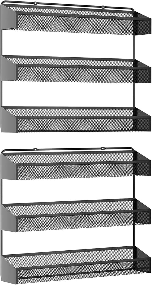 AULEDIO 2 Pack Spice Rack Organizer, 3 Tier Counter-top Stand or Wall Mounted Storage Rack Hanging Shelf for Kitchen Cabinet, Cupboard, Pantry Door Bathroom Shower Cosmetic (Black)