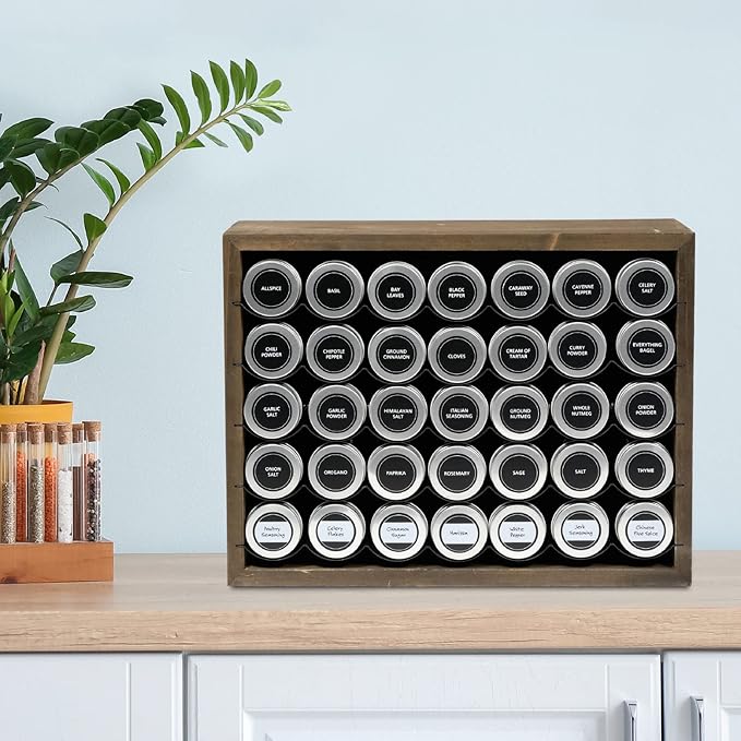 Excello Global Products Hanging Spice Rack - Includes 35 Glass Spice Jars and Accessories (Brown)