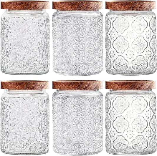 Vintage Glass Jars with Wooden Lids, 6 Pack 24 oz Airtight Glass Food Storage Containers Sets for the Kitchen, Sugar Coffee Candy Spice Cookie Tea Pasta