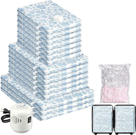 16 Pack Travel Vacuum Storage Bags with Electric Pump, 3 Large + 6 Medium + 7 Small Vacuum Sealer Bags, 80% Space Saver Bags for Luggage, Comforters and Blankets, Travel Essentials(Blue Flowers)